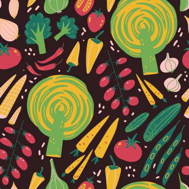 Farklı sebzelerle kusursuz desen. Basit sonbahar hasadı, vejetaryenlik. Saf İskandinav tarzı. Vektör illüstrasyonu.