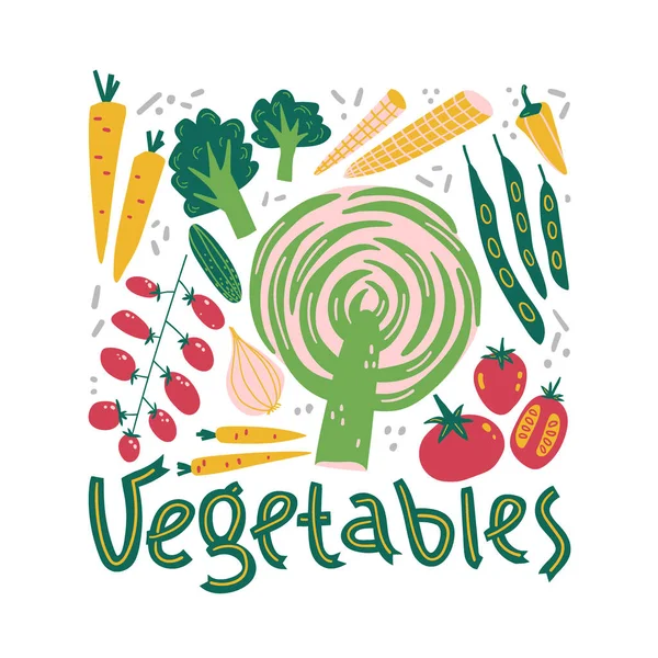 Zöldség Firka Kézírással Egyszerű Őszi Szüret Vegetarianizmus Naiv Skandináv Stílus — Stock Vector