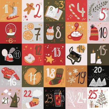 Kış bayramı kartları ve takvim. Noel ve yılbaşı süslemeleri ve numaralar. Şirin saf stil.