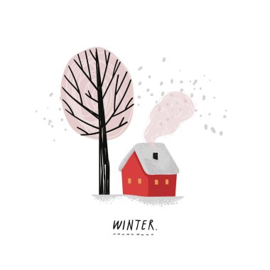 Kış. Noel illüstrasyonunda ağaç ve sıcacık kırmızı ev ve el çizimi harfler. El çizimi saf stil.