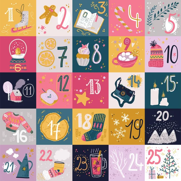 Winter Holday Cards Advent Calendar Christmas New Year Decorations Numbers — Stock Vector