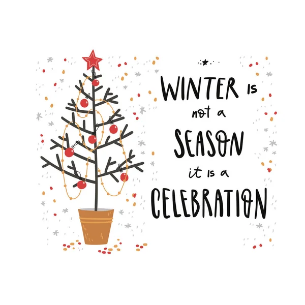 Winter Season Celebration Christmas Illustration Tree Hand Drawn Lettering Hand — Stock Vector