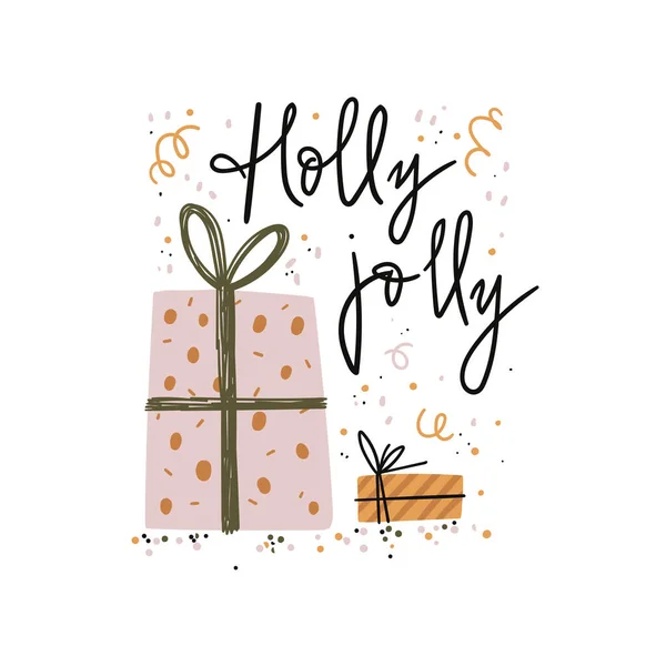 Holly Jolly Christmas Illustration Tgift Boxes Confetti Hand Drawn Lettering — Stock Vector