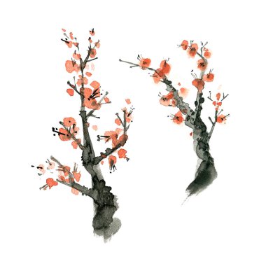 Sumi-e mürekkep boyası Sakura dalı. Minimalizm zen tarzı. Suluboya çizimi.
