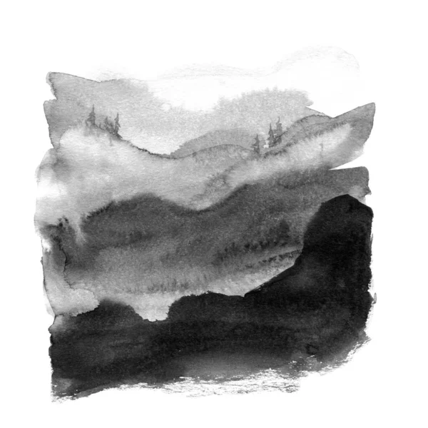 Peinture Encre Sumi Paysage Montagnes Brouillard Forêt Aquarelle Peinture Main — Photo