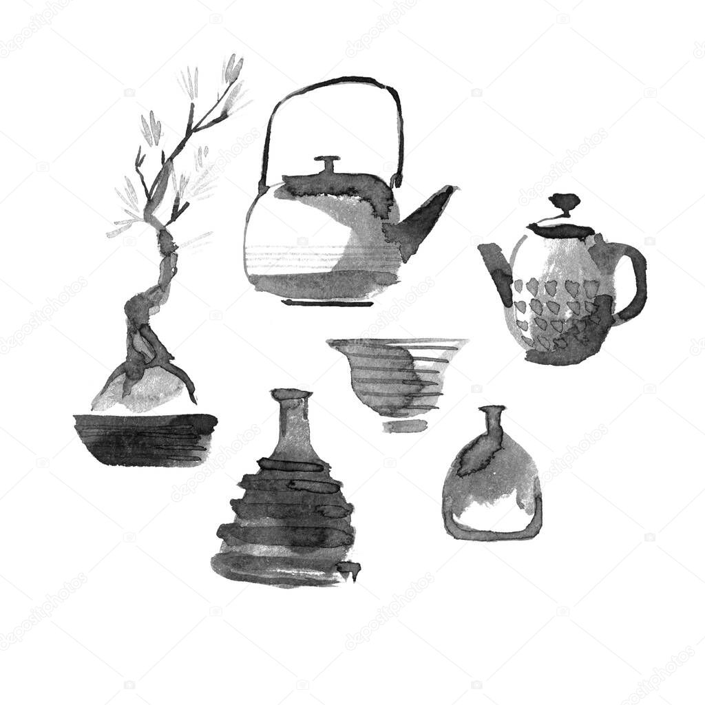 Sumi-e ink painting tea theme, teapot, bowl, ceramics and bonsai. Minimalism zen style. Watercolor illustration.
