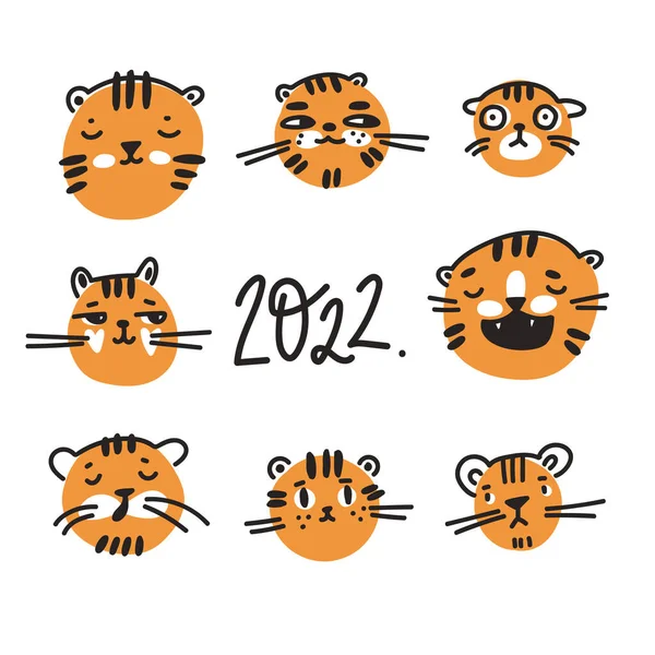 Bonito Tigres Engraçados Desenhos Animados Estilo Ingênuo Criança Desenhada Coleção — Vetor de Stock