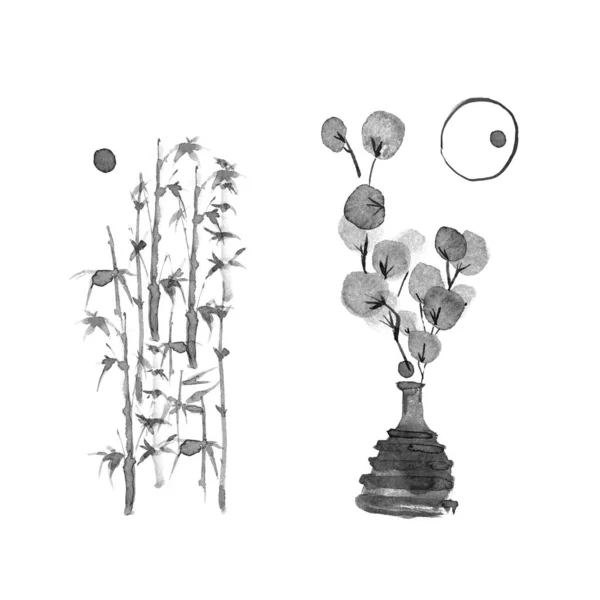 Inkt Geschilderd Composities Met Planten Takken Vlekken Handgetekende Illustratie — Stockfoto