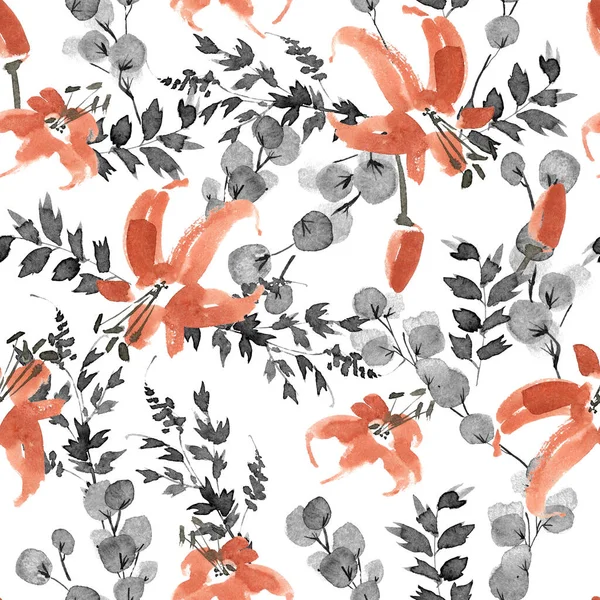 Dalları Zambakları Doğu Tarzında Kusursuz Desen Çizimi Suluboya Çizimi Mürekkep — Stok fotoğraf