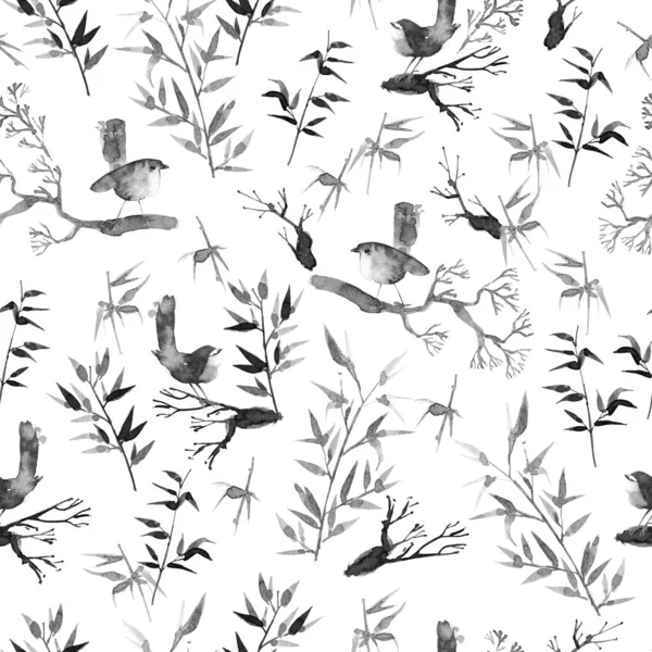 Seamless pattern with branches and little birds in oriental style. Hand drawn watercolor illustartion. Ink painting.