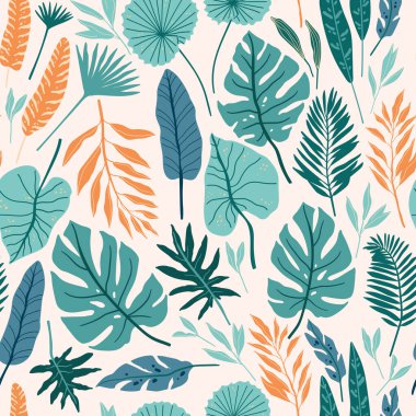 Tropikal ruhu olan kusursuz bir desen. Orman yaprakları ve palmiyeler. Vektör çizimi. Duvar kağıdı veya ambalaj kağıdı için ideal.