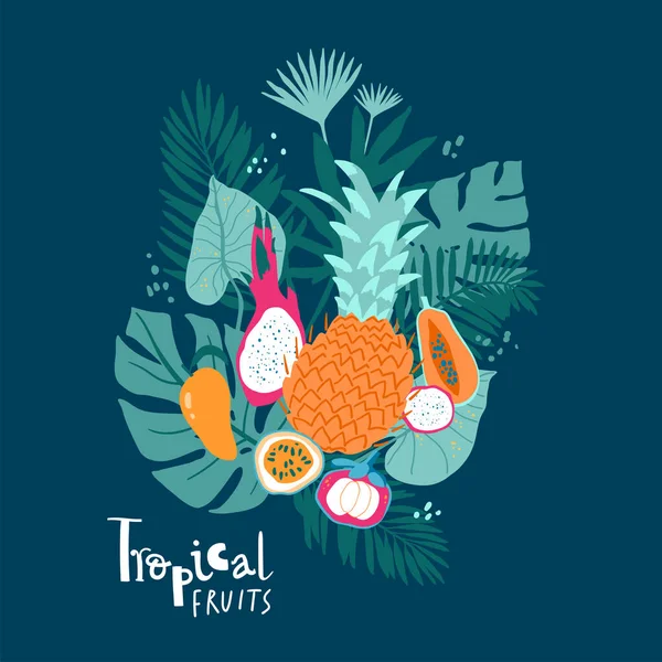 Frutas Tropicales Hojas Selva Composición Elementos Brillantes Jugosos Estilo Sencillo — Vector de stock