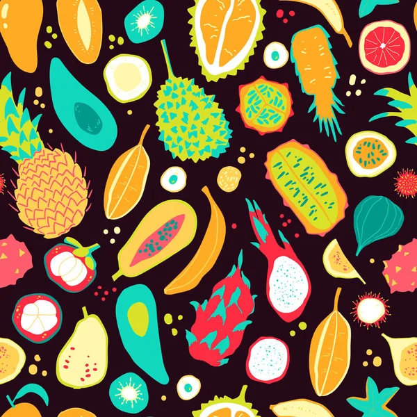 Patrón Sin Costuras Con Espíritu Tropical Diferentes Frutas Exóticas Estilo — Archivo Imágenes Vectoriales