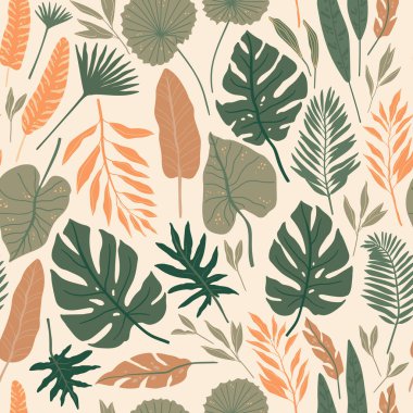 Tropikal ruhu olan kusursuz bir desen. Orman yaprakları ve palmiyeler. Vektör çizimi. Duvar kağıdı veya ambalaj kağıdı için ideal.