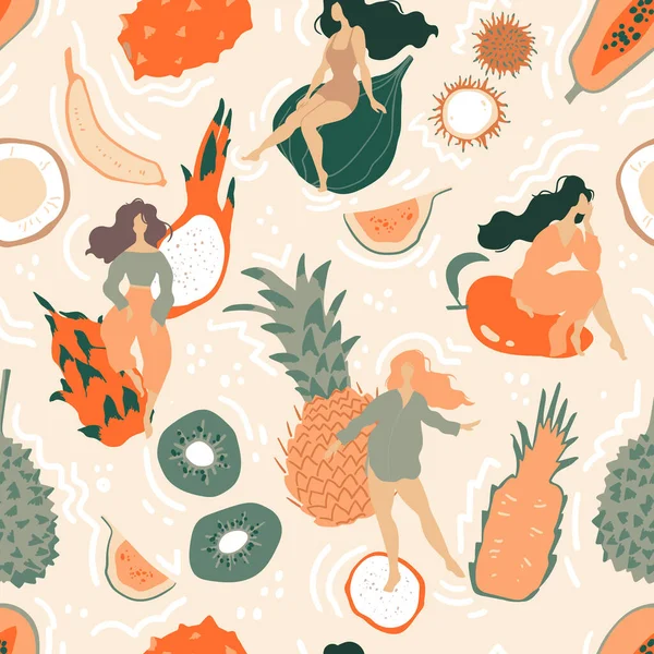 Seamless Pattern Tropical Fruits Beautiful Women Jungle Spirit Vector Illustration — Stock Vector