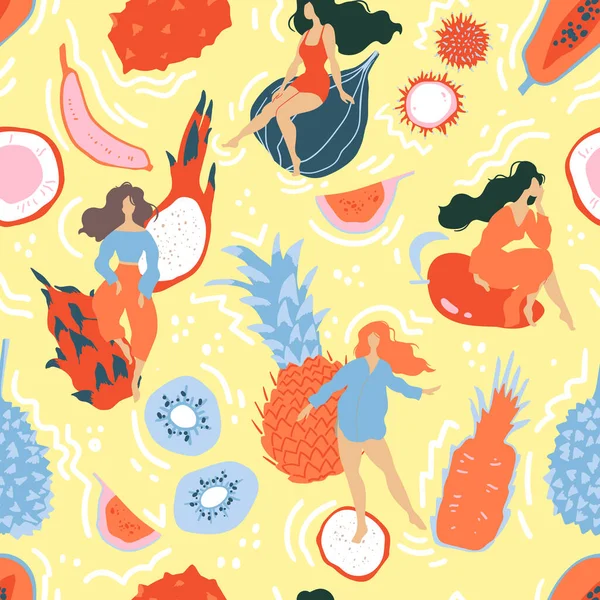 Seamless Pattern Tropical Fruits Beautiful Women Jungle Spirit Vector Illustration — Stock Vector