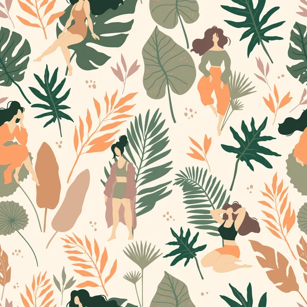 Seamless Pattern Tropical Spirit Beautiful Women Jungle Leaves Palms Vector — Stock Vector