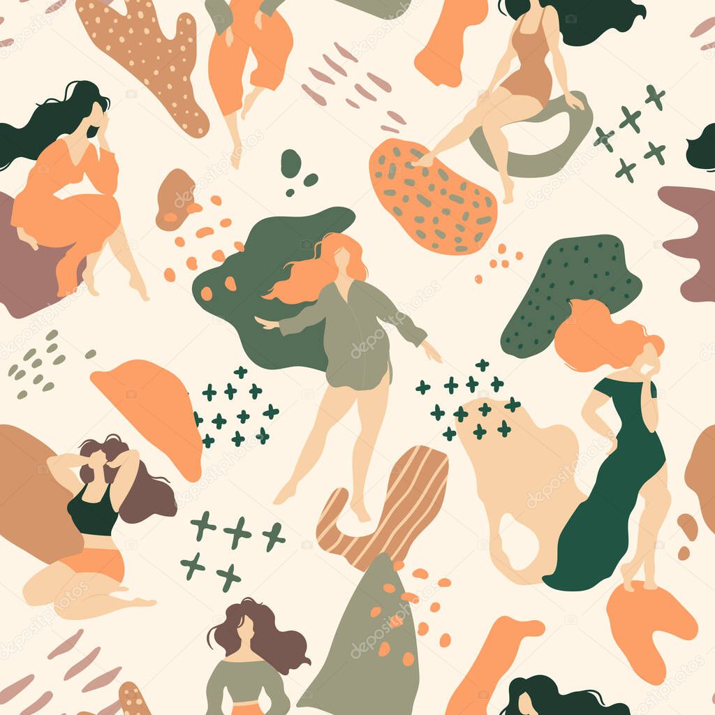 Seamless pattern with abstract shapes and beautiful women. Smooth modern creative elements. Vector illustration. Ideal for wallpaper or wrapping paper.