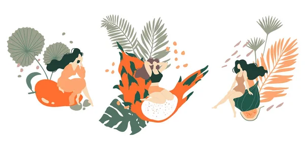 用女人 异国情调的水果和丛林中树叶作概念图 雅致的装饰风格 — 图库矢量图片