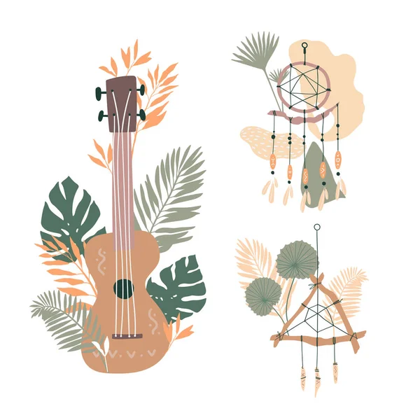 Boho Kompositionen Mit Ukulele Traumfänger Und Dschungelblättern Magische Illustration — Stockvektor