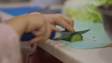 Bir çocuk mutfak tahtasındaki bir bıçakla salatalık keser. Çocuk bir salata hazırlıyor. Annene mutfakta yemek pişirmede yardım et..