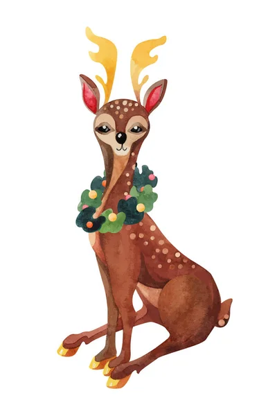 Akwarela Boże Narodzenie ilustracja z cute jelenia — Wektor stockowy