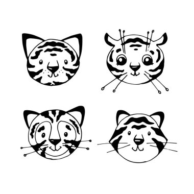 Beyaz suratlı komik kaplan suratlı Doodle seti