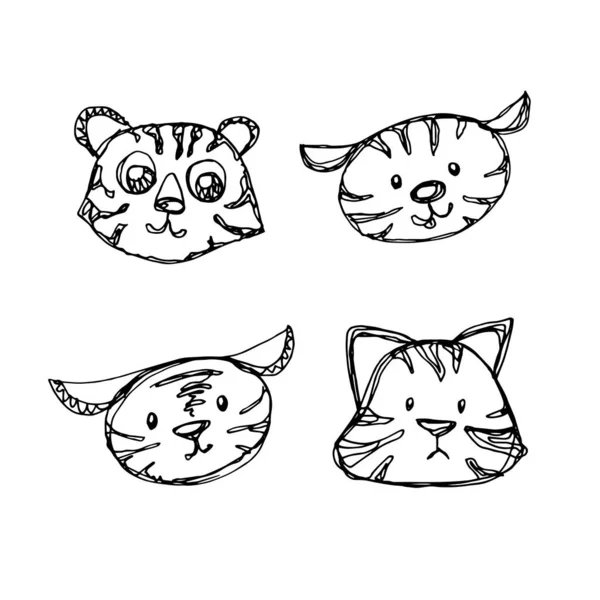 Set de Doodle con caras graciosas de tigre en blanco — Archivo Imágenes Vectoriales