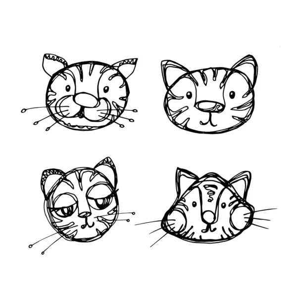 Doodle conjunto com caras de tigre engraçado no branco —  Vetores de Stock