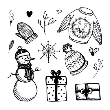 Tatil tasarımı için elementlerle hazırlanmış Noel karalamaları