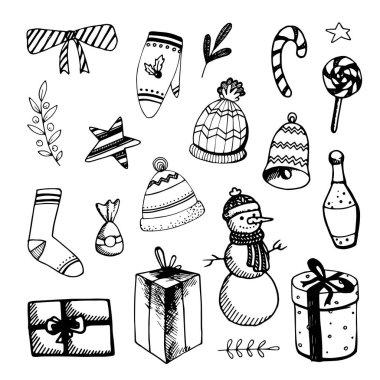 Tatil tasarımı için elementlerle hazırlanmış Noel karalamaları