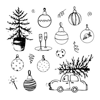 Tatil tasarımı için elementlerle hazırlanmış Noel karalamaları