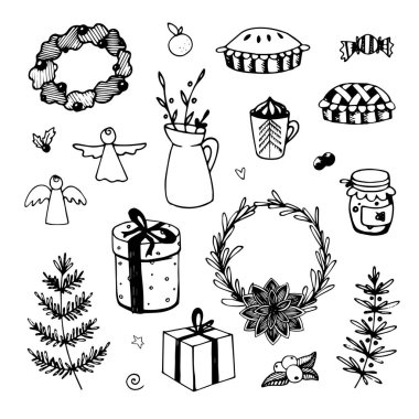 Tatil tasarımı için elementlerle hazırlanmış Noel karalamaları