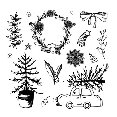 Tatil tasarımı için elementlerle hazırlanmış Noel karalamaları
