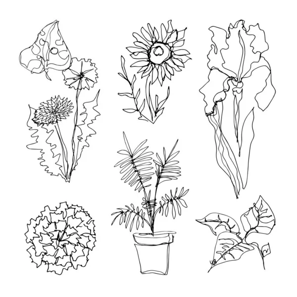 Doodle set with flower elements in one line style — Stock Vector