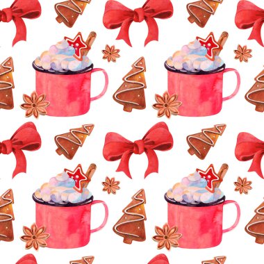 Sıcak kış içecekleriyle suluboya Noel deseni
