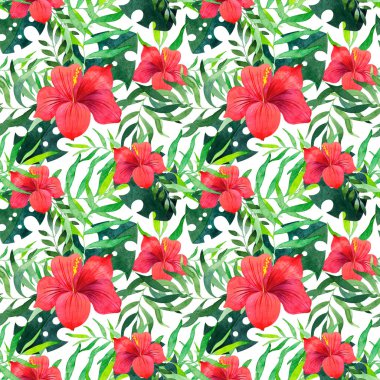 Suluboya tropik çiçek deseni. Yeşil yapraklı pembe çiçekler