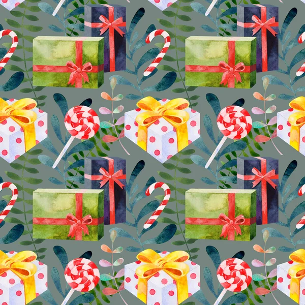 Watercolor Christmas pattern with gift boxes and lollipops — Stockfoto