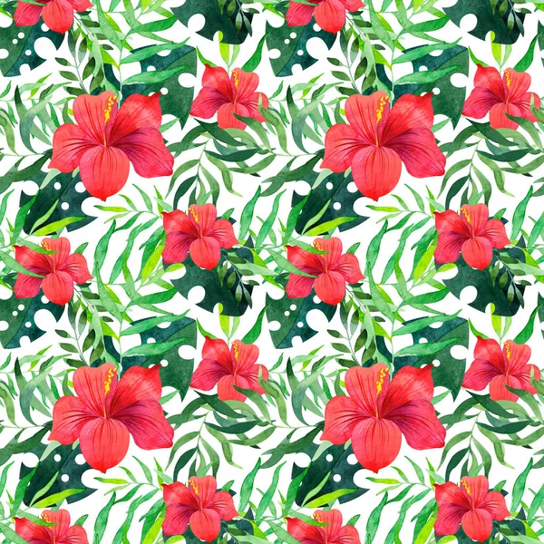 Акварель тропический цветочный узор. Розовые цветы на зеленых листьях — стоковое фото
