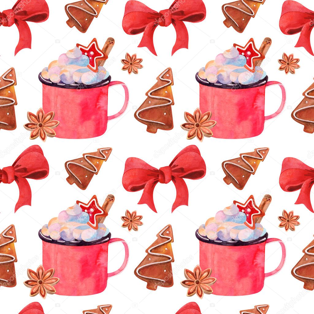 Watercolor Christmas pattern with hot winter drinks