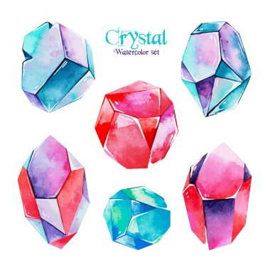 Beyaz üzerine renkli kristallerin suluboya kümesi