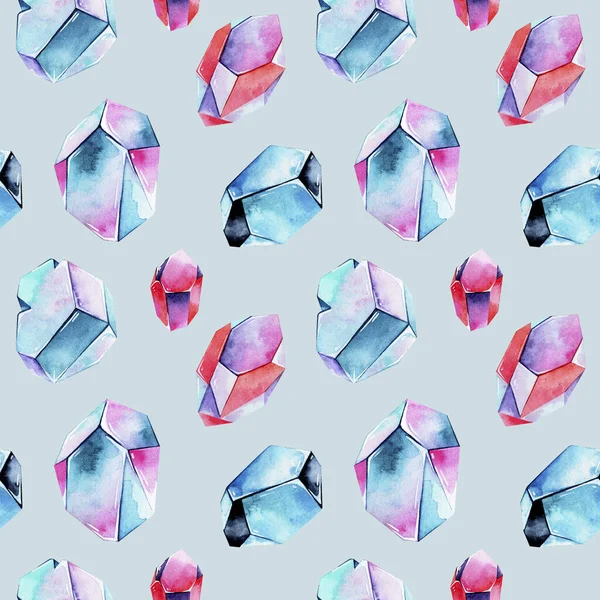 Watercolor pattern with colorful crystals on blue