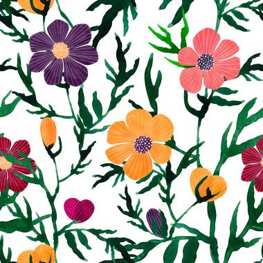 Kusursuz suluboya çiçek deseni - beyaz arkaplanda yeşil yapraklar ve dallar.