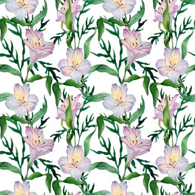 Kusursuz suluboya çiçek deseni - yeşil yapraklar ve beyaz arka planda mor alstroemeria kompozisyonu