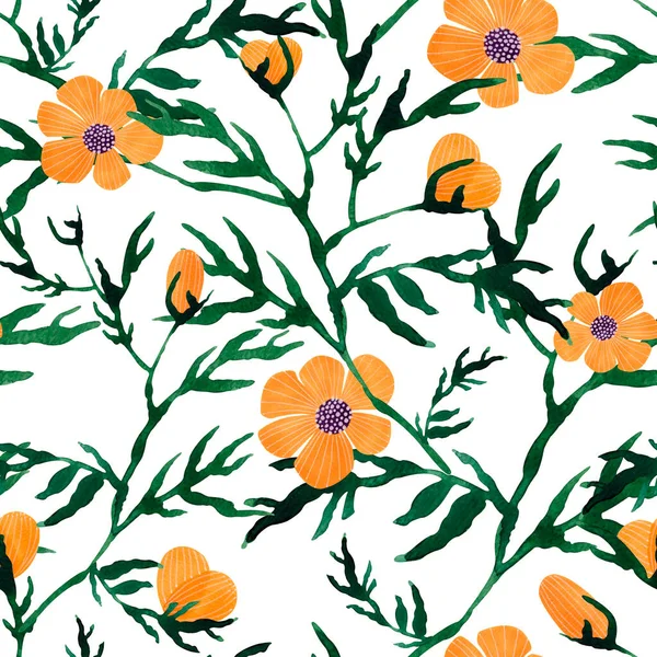 Seamless watercolor floral pattern - green leaves and branches composition on white background. — Zdjęcie stockowe