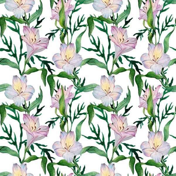 Seamless watercolor floral pattern - green leaves and purple alstroemeria composition on white background — Stock fotografie