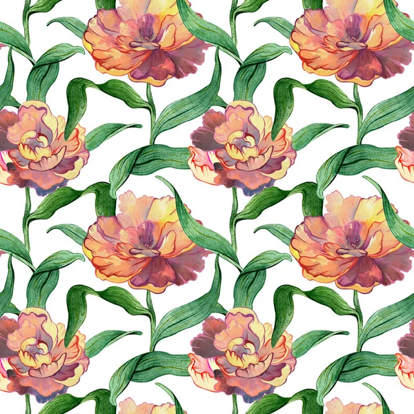 Seamless watercolor floral pattern - green leaves and colorful peony composition on white background — Stockfoto