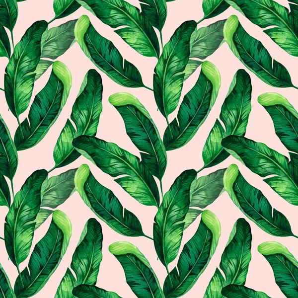 Seamless watercolor floral pattern - green leaves and branches composition on pink background, Tropical fresh leaves — стоковое фото