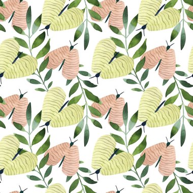 Yeşil yaprakları ve beyaz arka planda kelebekleri olan kusursuz suluboya desenler.