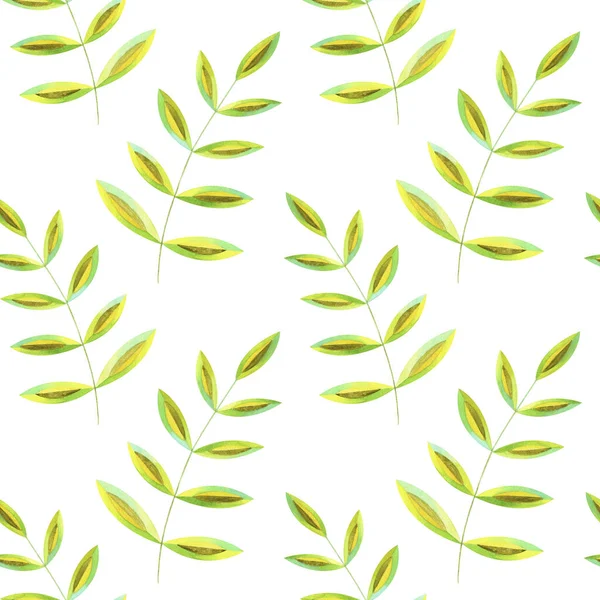 Seamless watercolor floral pattern - green leaves and branches composition on white background — стоковое фото